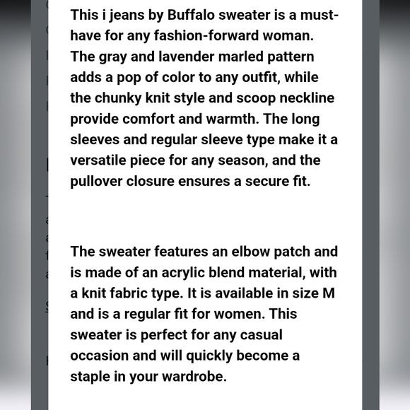 I Jeans By Buffalo M Sweater Gray Lavender Chunk Knit Elbow Patch 2800-BC - Picture 2 of 7